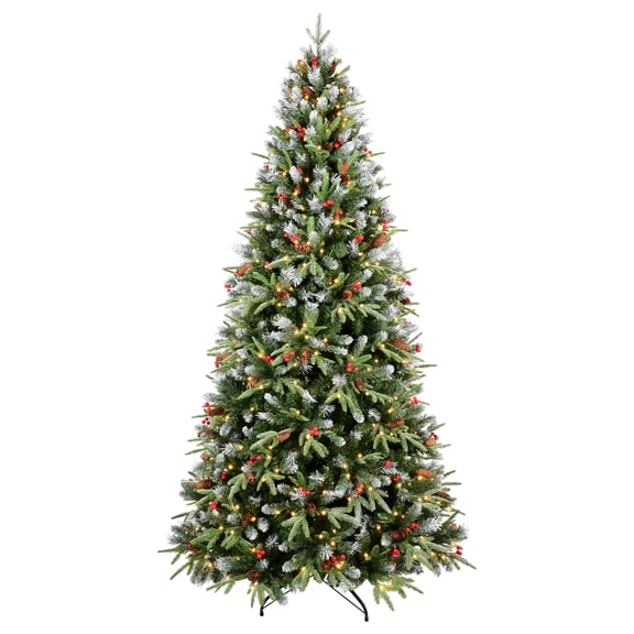 LAMPHOME 7ft PE/PVC Pre-lit Artificial Christmas Tree, 2178 Branch Tips, 450 Warm White LEDs, 75 Red Fruit+75 Pine Cones, 3-Part Hinged, Metal Stand, Holiday Dcor