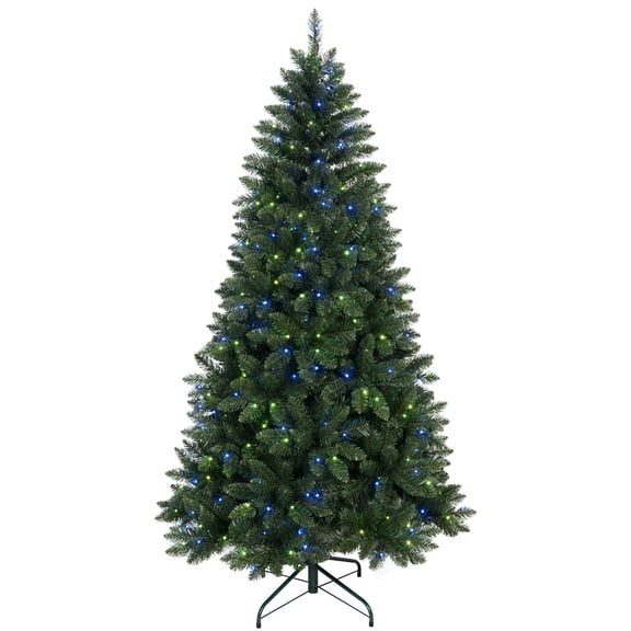LAMPHOME 7ft WiFi Control PVC Pre-lit Christmas Tree, 1063 Branch Tips, 400 38-Function WiFi RGB LEDs, 4-Part Hinged, Metal Stand, Holiday Décor