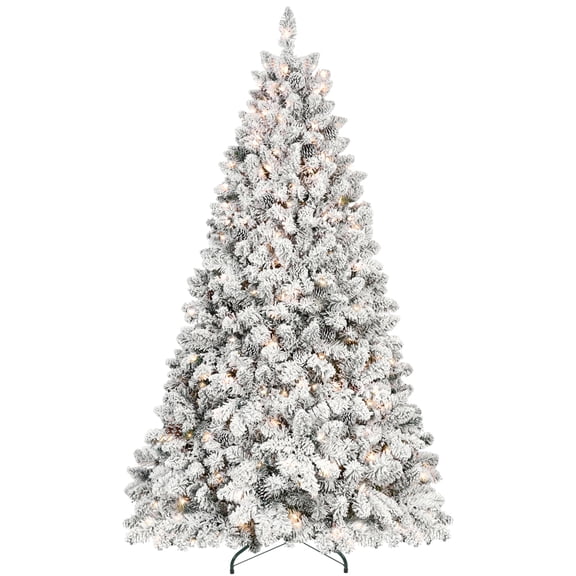 LAMPHOME 8FT Pre-Lit Flocked PVC Tree - 700 UL Lights, 54 Pine Cones, 1754 Tips, 4-Part Hinged