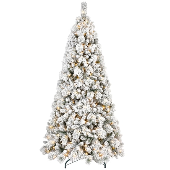 LAMPHOME 8ft PVC/Hard Needle Mixed Flocked Artificial Pre-lit Christmas Tree with 1445 Lush Branch Tips, 600 Warm White LED Lights, 4-Part Hinged Design, Metal Stand Xmas Tree for Holiday Dcor