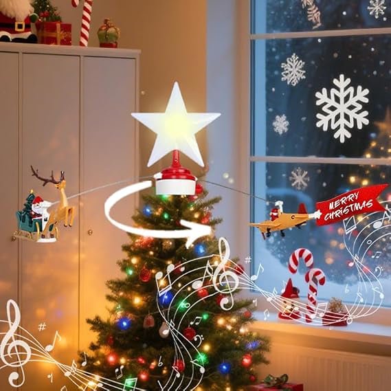 LAMPHOME Animated Christmas Tree Topper, Lighted Star Rotating Tree Top with Music, Santa Claus on Airplane & Deer Pulling Sled Design, Funny Christmas Tree Decoration