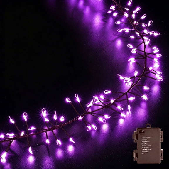LAMPHOME Battery Fairy Lights, 10.8Ft 120LED Purple Firecracker String Lights, 8 Modes. Waterproof Silver Wire Firefly Lights, Flexible for DIY Wreath, Halloween, Wedding & Garden Decor