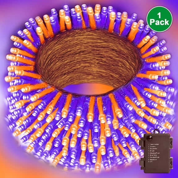 LAMPHOME Battery Powered Purple & Orange Christmas String Lights, 34.1FT 100 LED Waterproof Christmas Tree Lights with 8 Lighting Modes, Indoor & Outdoor Xmas Decor for Yard, Wedding, Home Ornaments