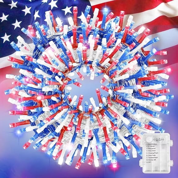 LAMPHOME Battery Powered USA Patriotic LED Fairy Lights, 34.1Ft 100 Bulbs with 8 Adjustable Lighting Modes & Waterproof Design, Perfect July 4th Holiday Lights for Independence Day Decorations