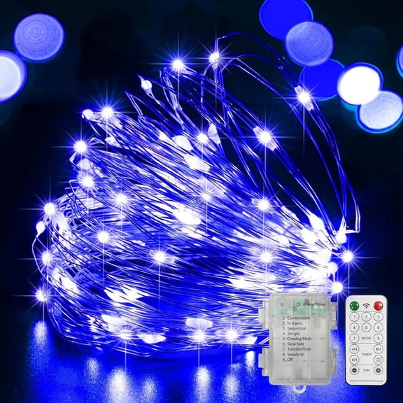 LAMPHOME Blue Copper Wire Fairy Lights with Remote - 100 LEDs, Waterproof Battery Operated, for Patriotic & Nautical Decor