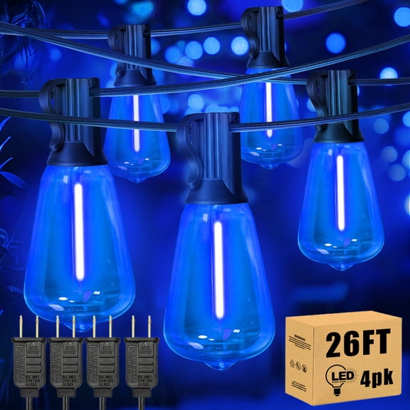 LAMPHOME Blue ST38 Edison LED String Lights 4-Pack - 26FT Each, 12 Bulbs, 120V Black Wire, for Patio, Party & Holiday Decor