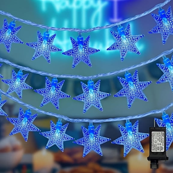 LAMPHOME Blue Star LED Lights, 33ft 100 LEDs, Clear Wire, Waterproof Battery Operated with 8 Modes and Remote for Christmas Holiday Decor