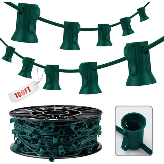 LAMPHOME C9 Light Strand, 100FT Christmas Stringer with 100 Sockets for Outdoor String Lights, Connectable Christmas Light String for Outside, Intermediate Base(C9/E17) - 12 Spacing, Green Wire