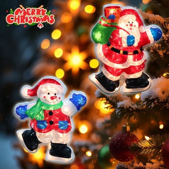 LAMPHOME Dancing Snowman & Waving Santa Claus Silhouette Light Set, 20 LEDs Each Single Sided Christmas Window Light Decor, Holiday Indoor & Covered Outdoor Display Ornaments