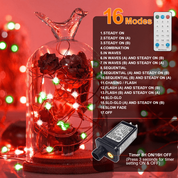 LAMPHOME Fairy Lights Plug in, 33Ft 100 LEDs Waterproof Twinkle Firefly Lights, Adaptor Included, Starry String Lights for Wedding Indoor Outdoor Christmas Patio Garden Decoration, Red and Green