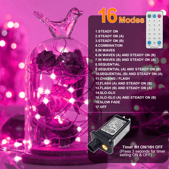 LAMPHOME Fairy Lights Plug in, 33Ft 100 LEDs Waterproof Twinkle Firefly Lights, Adaptor Included, Starry String Lights for Wedding Indoor Outdoor Christmas Patio Garden Decoration, Pink