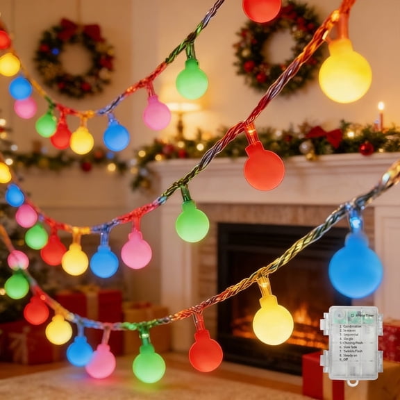 LAMPHOME Multicolor Globe String Lights, 16ft 50 LEDs, Battery Operated Waterproof Outdoor Lights with 8 Lighting Modes, Perfect Christmas Holiday Decor