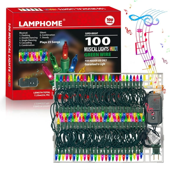LAMPHOME Musical Christmas Lights,100 Lights 23.7ft Plays 25 Classical Holiday Songs,UL Certified Mini Bulb String Lights for Outdoor Christmas Tree Garden Party Patio Garland Decor (Multicolor)