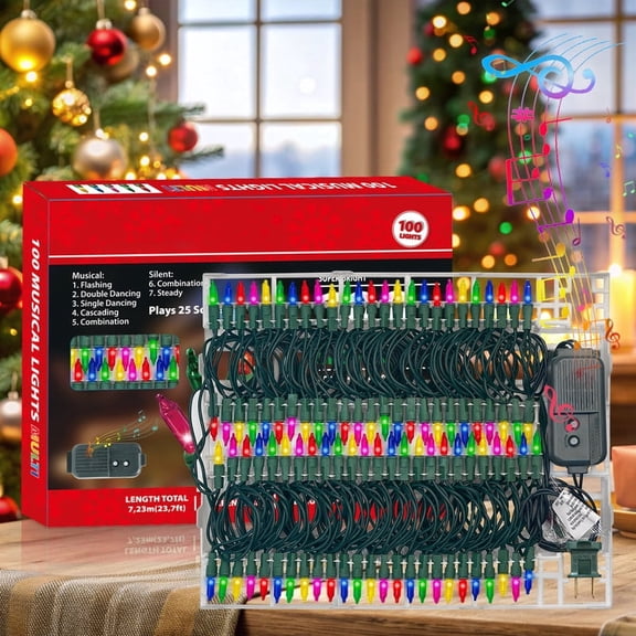 LAMPHOME Musical Christmas Lights, 100 colorful mini bulbs, 23.7ft, plays 25 classic holiday songs. UL certified, perfect for Christmas tree, garden, patio and garland decor.