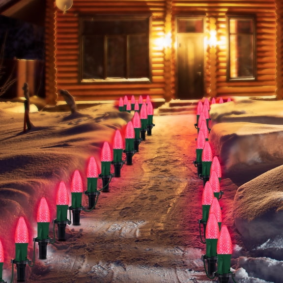 LAMPHOME Pink C9 Christmas Pathway Lights Outdoor, 25.7Ft 20 Bulbs Waterproof Walkway Lights with Stakes, Connectable Yard Decor for Driveway Sidewalk Garden Holiday