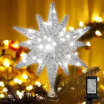 LAMPHOME Plug-in 3D Geometric Star Christmas Tree Topper, LED Lighted Moravian Star Treetop with 16 Lighting Modes, Silver, Holiday Xmas Home Decor