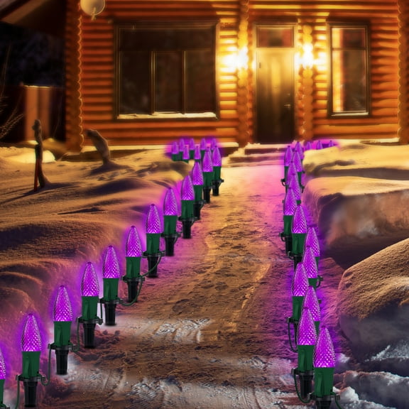 LAMPHOME Purple C9 Christmas Pathway Lights Outdoor, 25.7Ft 20 Bulbs Waterproof Walkway Lights with Stakes, Connectable Yard Decor for Driveway Sidewalk Garden Holiday