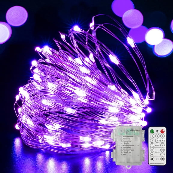 LAMPHOME Purple Copper Wire Fairy Lights with Remote - 100 LEDs, Waterproof Battery Operated, for Halloween & Party Decor