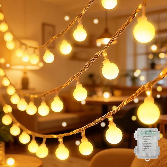 LAMPHOME Warm White Globe String Lights, 16ft 50 LEDs, Battery Operated Waterproof Outdoor Lights with 8 Lighting Modes, Perfect Christmas Holiday Decor
