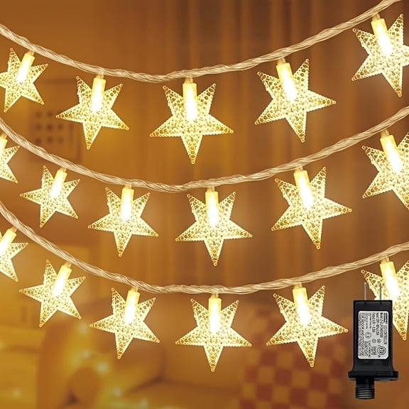 LAMPHOME Warm White Star LED Lights, 33ft 100 LEDs, Clear Wire, Waterproof Battery Operated with 8 Modes and Remote for Christmas Holiday Decor