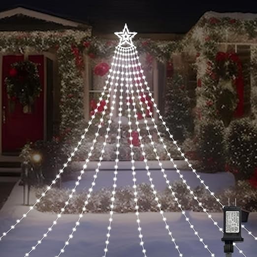 LAMPHOME Waterfall Christmas Tree Lights, 480 LEDs, 9 Strands, 17ft, 16 Lighting Modes, Waterproof with Star Topper & Timer, White Outdoor Lights for Yard, Patio Xmas Decor