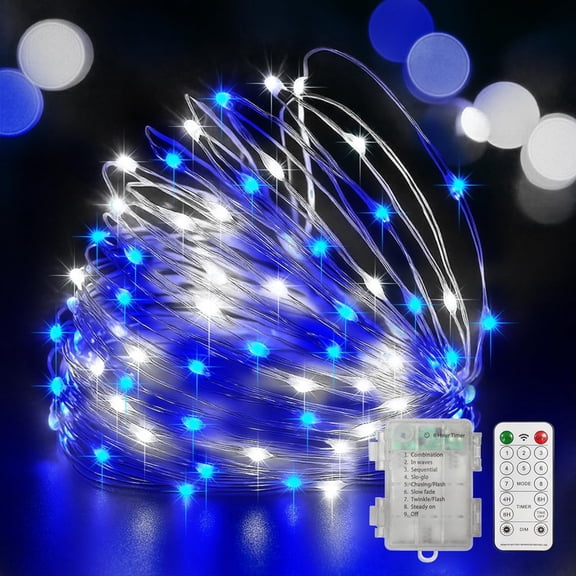 LAMPHOME White & Blue Copper Wire Fairy Lights with Remote - 100 LEDs, Waterproof Battery Operated, for Patriotic & Winter Decor