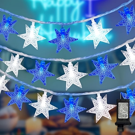 LAMPHOME White & Blue Star LED Lights, 33ft 100 LEDs, Clear Wire, Waterproof Battery Operated with 8 Modes and Remote for Christmas Holiday Decor