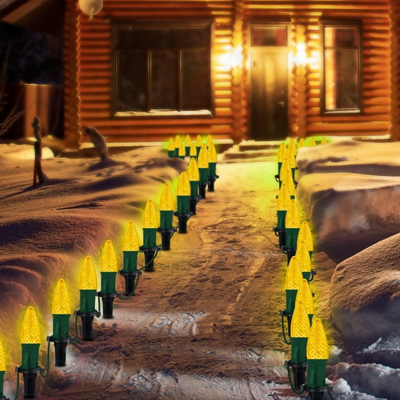 LAMPHOME Yellow C9 Christmas Pathway Lights Outdoor, 25.7Ft 20 Bulbs Waterproof Walkway Lights with Stakes, Connectable Yard Decor for Driveway Sidewalk Garden Holiday