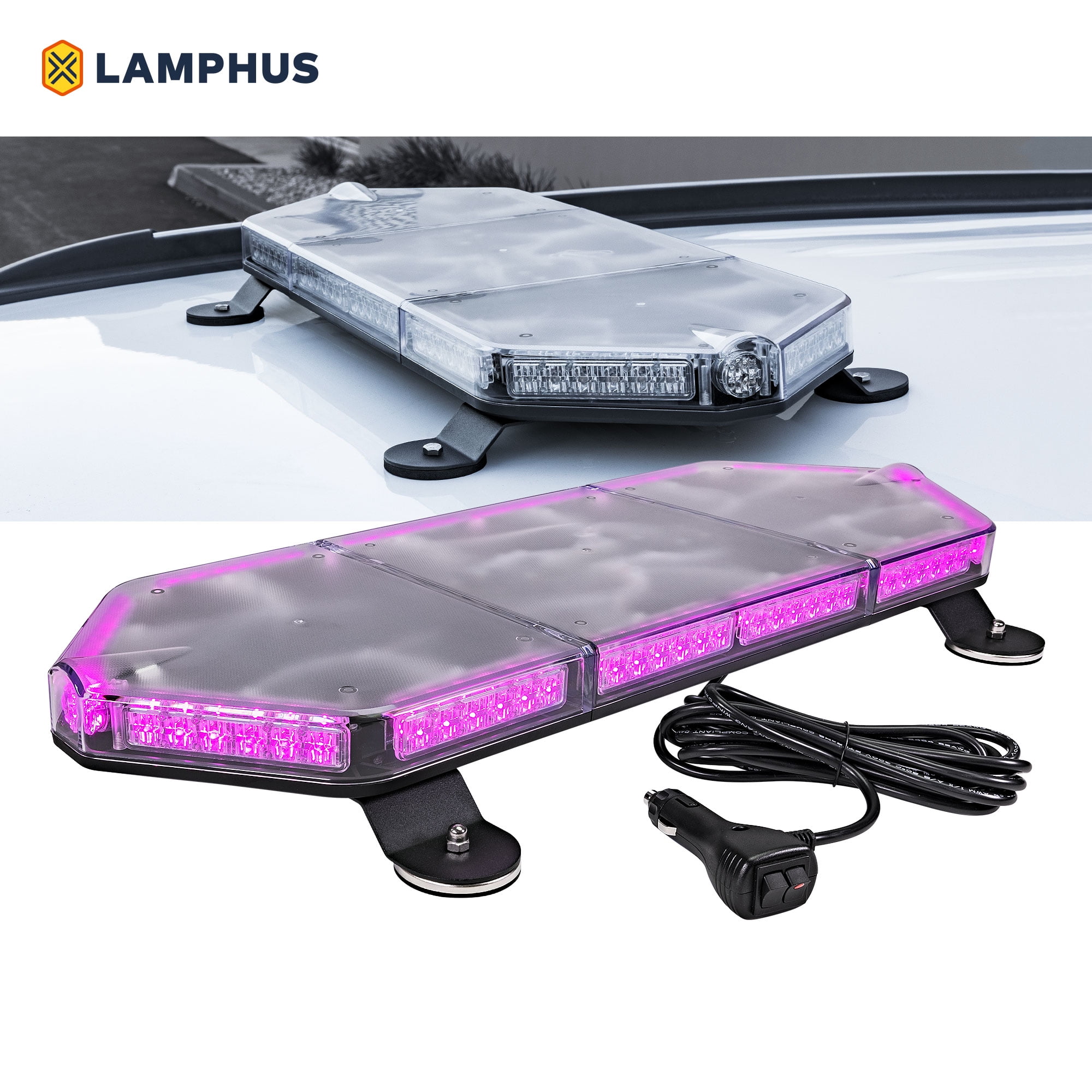LAMPHUS NanoFlare NFMB80 26 80W LED Mini Light Bar [SAE Class 1] [63 Flash  Patterns] [Plug & Play 12ft Cord] [Magnet/Permanent Mount] Emergency Strobe  Hazard Warning Light - Purple 
