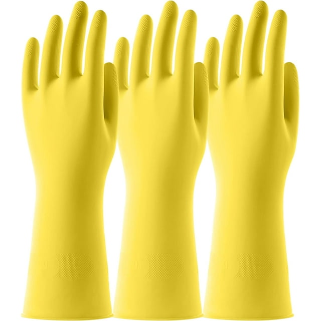 LAMSTOM 3 Pairs Yellow Reusable Rubber Gloves for Dishwashing Cleaning