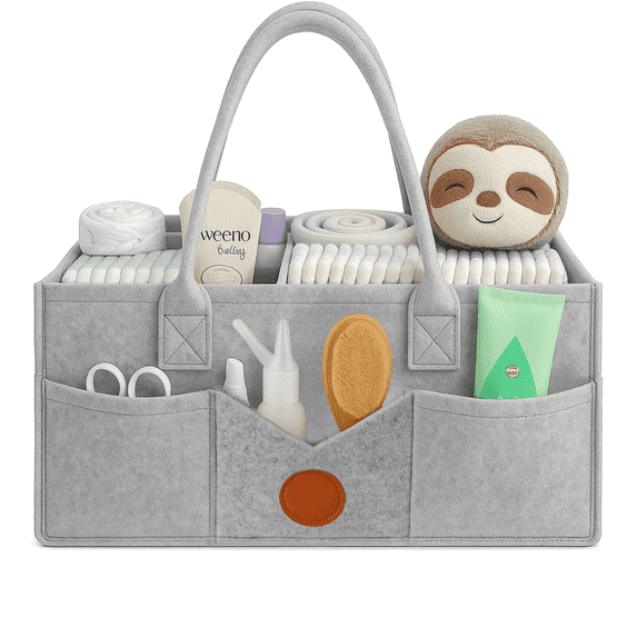 LAMSTOM Diaper Caddy Organizer - Diaper Caddy for Baby Nursery Storage, Felt Diaper Organizer for Baby Stuff with Handle, 13" x 9" x 7" Portable Baby Basket Boy Girl Changing Table Organizer (Grey)