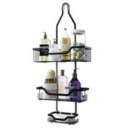 LAMSTOM Shower Caddy Over Shower Head Never Rust Aluminum Large Hanging Shower Caddy with 12 Hooks for Razor/Sponge - Over The Shower Head Caddy with Soap Basket - Hanging Shower Organizer Black