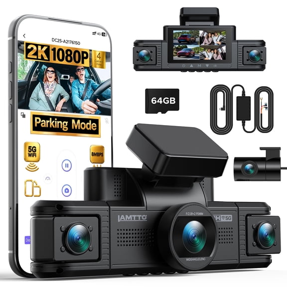LAMTTO 4CH Dash Cam 2K Front & 1080P Rear/Cabin, 5GHz WiFi & APP, G-Sensor, Parking Mode, Loop Recording, 360° Car Camera with 64GB Card & Hardkit