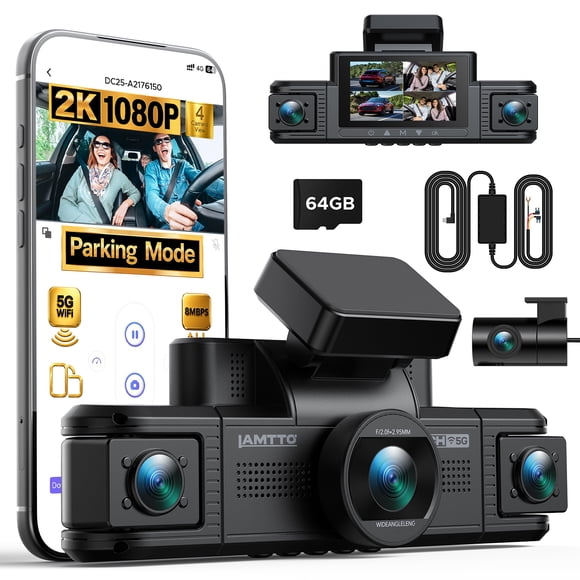 LAMTTO 4CH Dash Cam 2K Front & 1080P Rear/Cabin, 5GHz WiFi & APP, G-Sensor, Parking Mode, Loop Recording, 360° Car Camera with 64GB Card & Hardkit