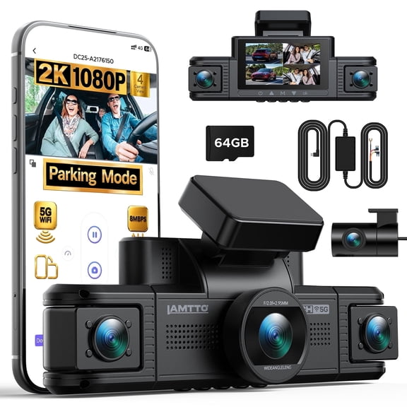 LAMTTO 4CH Dash Cam 2K Front & 1080P Rear/Cabin, 5GHz WiFi & APP, G-Sensor, Parking Mode, Loop Recording, 360 Car Camera with 64GB Card & Hardkit