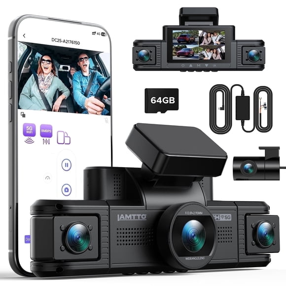 LAMTTO 4CH Dash Cam 2.5K Front & 1080P Rear/Cabin, 5GHz WiFi & APP, G-Sensor, Parking Mode, Loop Recording, 360° Car Camera with 64GB Card & Hardkit