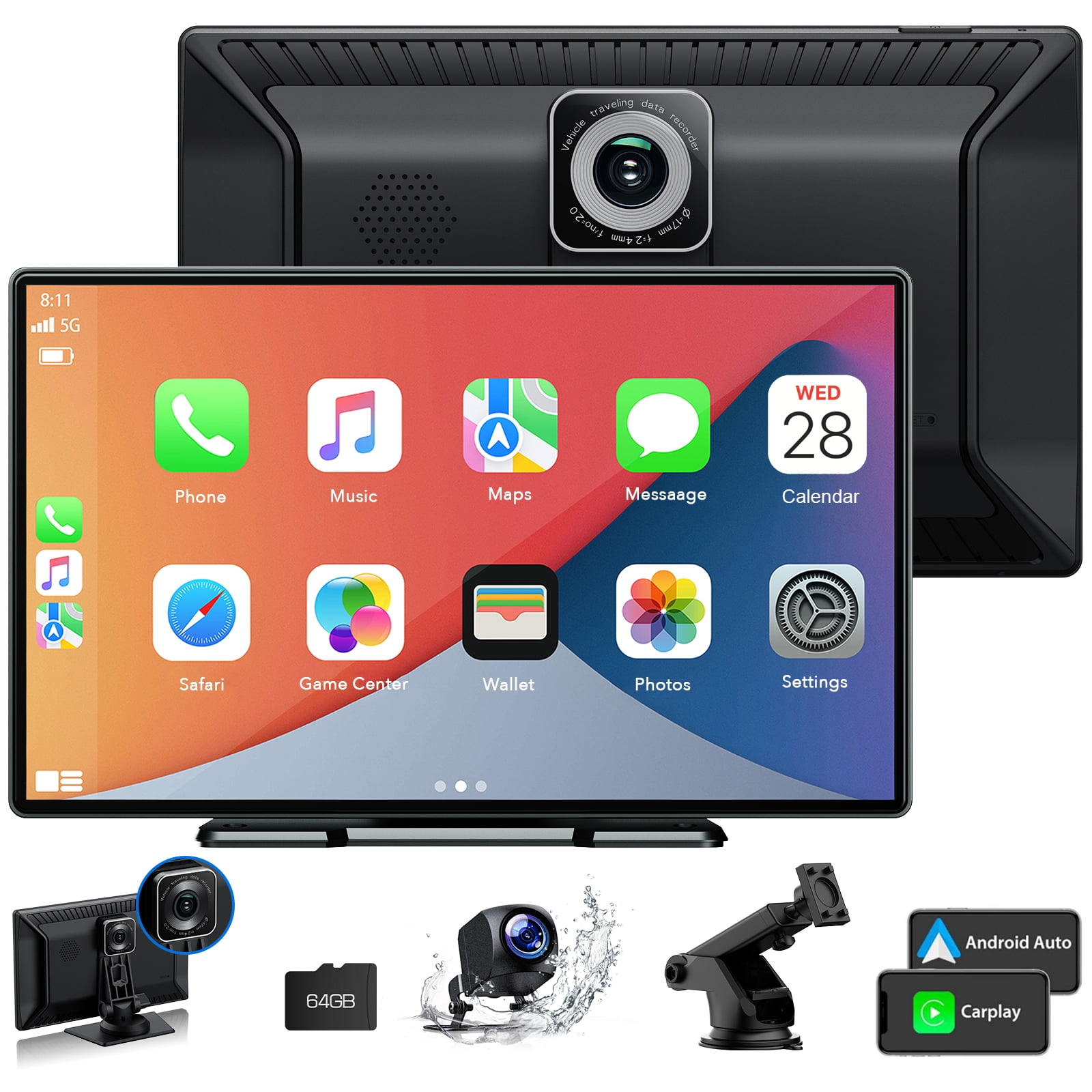 Lamtto 9.26 inch Wireless Car Stereo Apple CarPlay with 2K Dash Cam, 1080p Backup Camera, Portable Touchscreen GPS Navigation for Car, Car Stereo