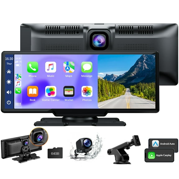 LAMTTO Portable Wireless Car Stereo Apple Carplay with 2.5K+1080P Dash Cam,9 Inch Touchscreen GPS Navigation for Car with Bluetooth, Android Auto, Mirror Link, AUX/FM