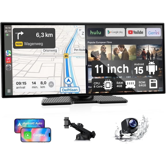 LAMTTO RC32 11'' AI CarPlay Screen with Google-Play Download APPs & Gemini, 4+64GB, Wireless Car Play Android Auto, Vivid 60FPS 1920x720 Display, 1080P Backup Camera/DVR
