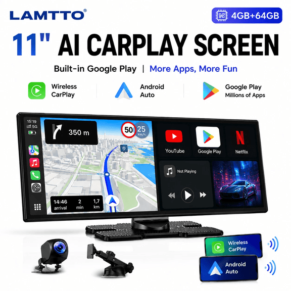 LAMTTO RC32 11" Android 15 Wireless AI CarPlay & Android Auto Display with Backup Camera