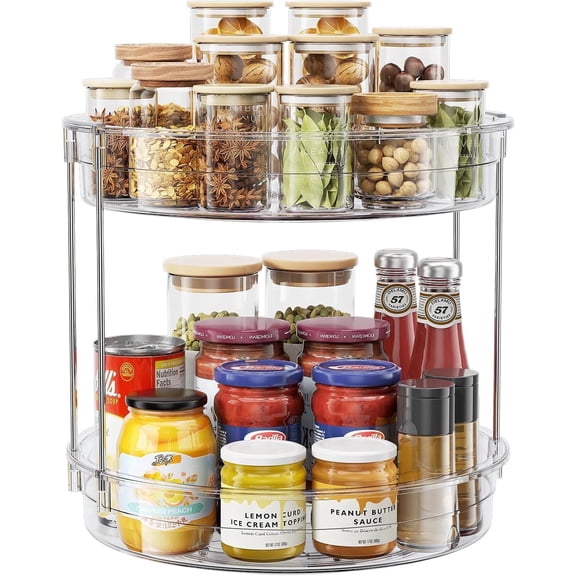 ROSSNY 1 Pack 2 Tier Lazy Susan Turntable Organizer 12inch Rotating Spice Rack Organization for Cabinet, Kitchen, Pantry, Countertop, Bathroom, Vanity, Medicine Cabinet Organizer, Clear