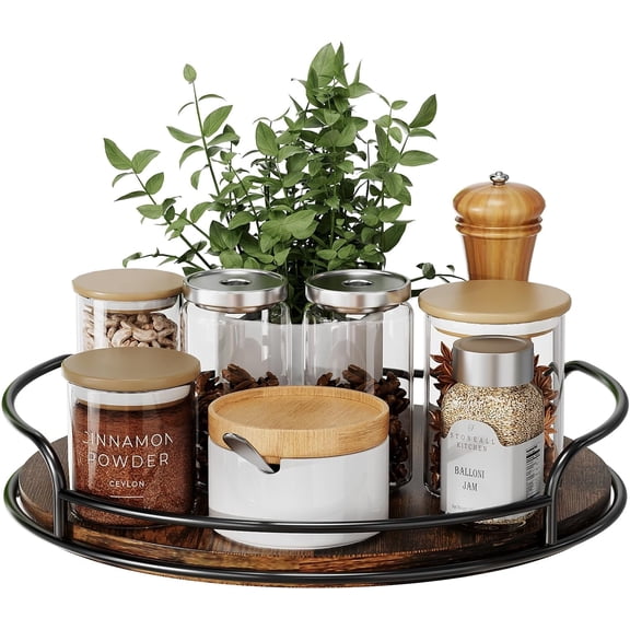 LAMU 1 Pack Wooden Lazy Susan Turntable Storage, 10inch Bamboo Lazy Susan Cabinet, Dining Table, Storage Room, Countertop, Cabinet, Kitchen Organization