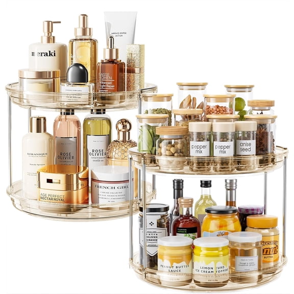 ROSSNY 2 Pack 2 Tier Lazy Susan Turntable Organizer 10.6'' Rotating Spice Rack Organization for Cabinet, Kitchen, Pantry, Countertop, Bathroom, Vanity, Medicine Cabinet Organizer, Amber