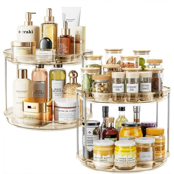 LAMU 2 Pack 2 Tier Lazy Susan Turntable Organizer 10.6'' Rotating Spice Rack Organization for Cabinet, Kitchen, Pantry, Countertop, Bathroom, Vanity, Medicine Cabinet Organizer, Amber
