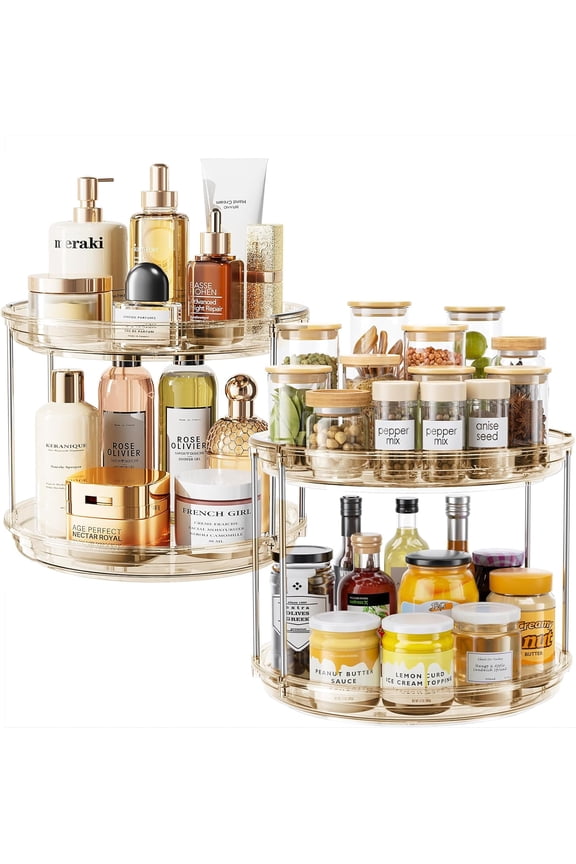 2 Pack 2 Tier Lazy Susan Turntable Organizer 10.6'' Rotating Spice Rack Organization for Cabinet, Kitchen, Pantry, Countertop, Bathroom, Vanity, Medicine Cabinet Organizer, Amber