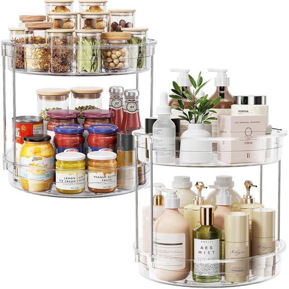 ROSSNY 2 Pack 2 Tier Lazy Susan Turntable Organizer 12inch Rotating Spice Rack Organization for Cabinet, Kitchen, Pantry, Countertop, Bathroom, Vanity, Medicine Cabinet Organizer, Clear
