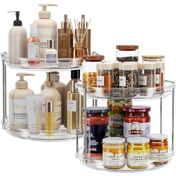 ROSSNY 2 Pack 2 Tier Lazy Susan Turntable Organizer 9.25" Countertop Kitchen Organization and Storage Spice Rack Bathroom Vanity Holder, Clear