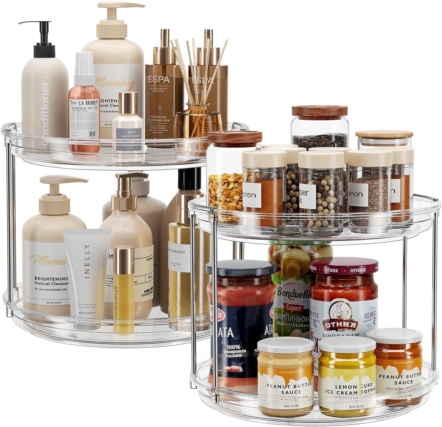 LAMU 2 Pack 2 Tier Lazy Susan Turntable Organizer 9.25" Countertop Kitchen Organization and Storage Spice Rack Bathroom Vanity Holder, Clear - Walmart.com