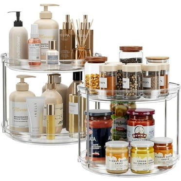 LAMU 2 Pack 2 Tier Lazy Susan Turntable Organizer 9.25" Countertop Kitchen Organization and Storage Spice Rack Bathroom Vanity Holder, Clear