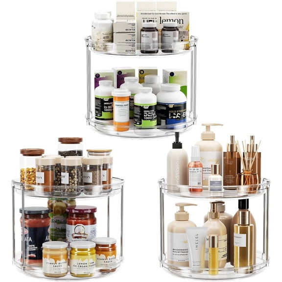 ROSSNY 3 Pack 9.25 inch 2 Tier Rotating Lazy Susan Turntable Cabinet Counter Organizer, Transparent